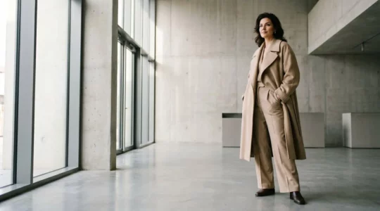 Femme élégante portant un manteau oversize beige structuré dans un environnement minimaliste