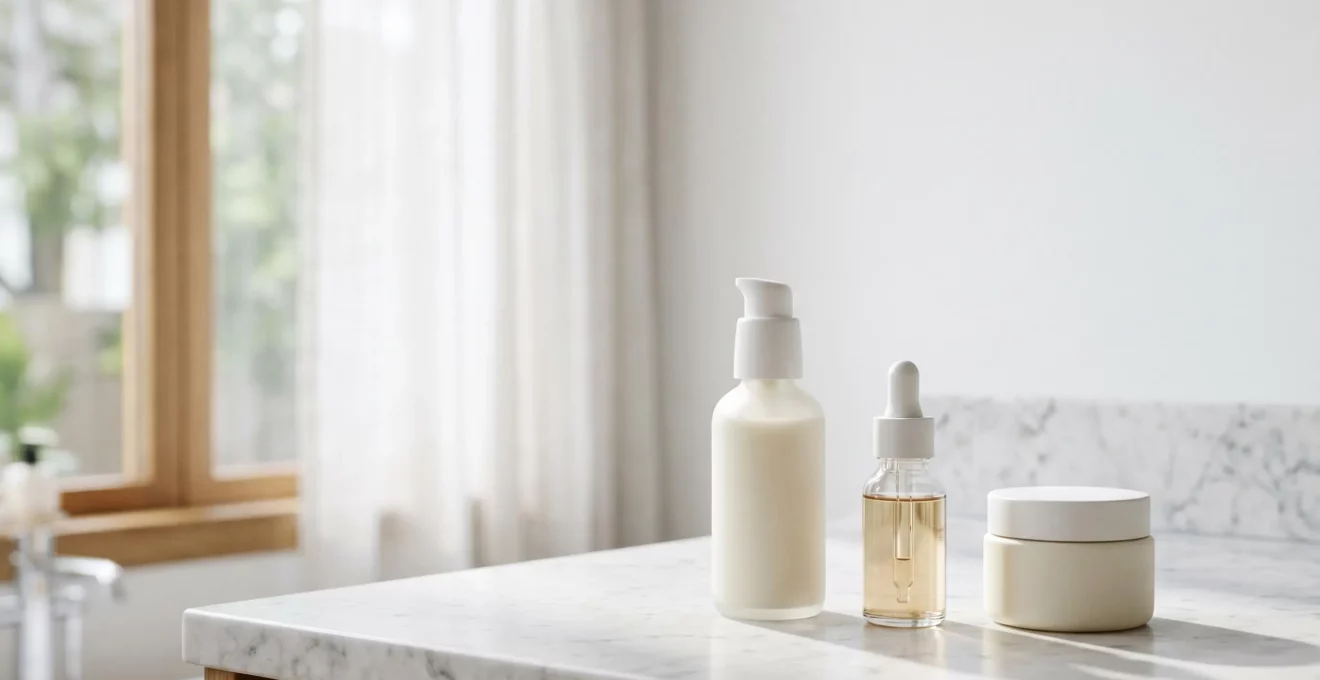 Produits de soin minimalistes disposés avec précision sur une surface épurée, lumière douce et naturelle
