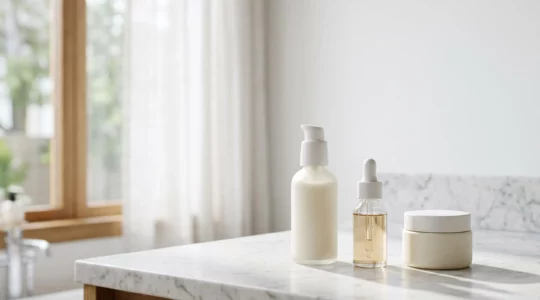 Produits de soin minimalistes disposés avec précision sur une surface épurée, lumière douce et naturelle