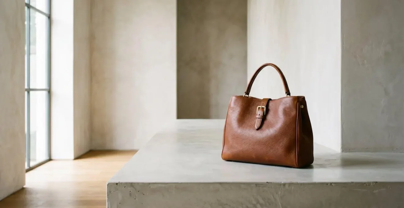 Sac à main de luxe en cuir posé sur une surface minimaliste avec éclairage naturel