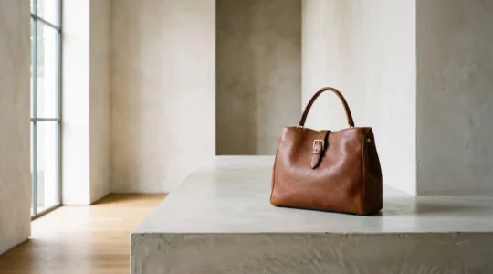 Sac à main de luxe en cuir posé sur une surface minimaliste avec éclairage naturel